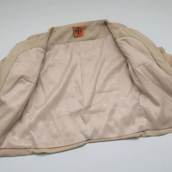 Tory Burch Julian Fringe Jacket Statement Coat Evening Silk Khaki Nude Size 2 - Picture 7 of 8